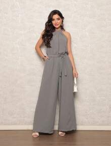 Women's Jumpsuit With Belt And Pocket - Gris - Ver 1
