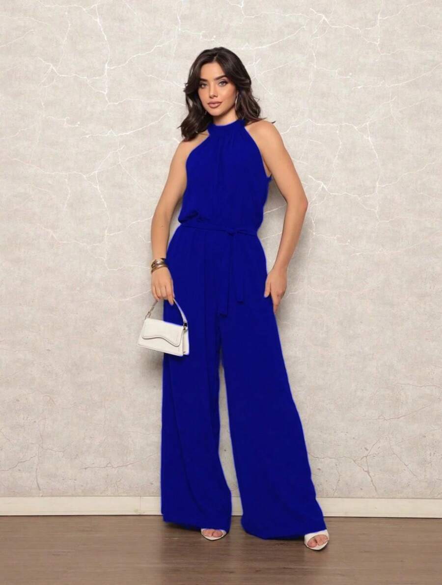 Women's Jumpsuit With Belt And Pocket - 寶藍色 - 查看 1