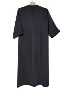 Men's Premium Embroidered Moroccan Robe, Long Sleeve Kaftan Robe With Pockets - Black - View 3