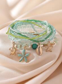 10pcs/Set Bohemian Ocean Style Dolphin, Starfish, Turtle, Shell Beaded Elastic Bracelets, Suitable For Women, Beach Holiday, Personalized Accessories, Holiday Gift