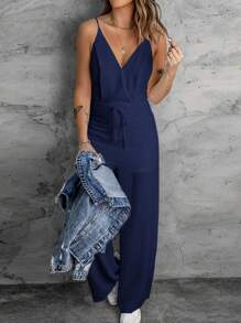 Acelitt 1 件女式休闲纯色 V 领无袖阔腿连体裤，夏季