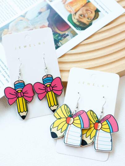 1 Pair Back To School Wood Pencil & Bow Dangle Earrings, Exaggerated Funny Pencil & Book Design, Suitable For Women, Holiday Gift
