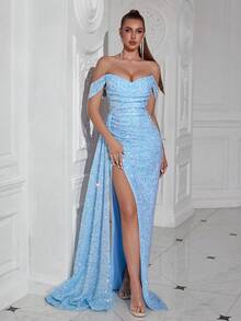 Ruffle Off-Shoulder Slit Sequin Long Cocktail Dress With Long Ribbon, Elegant And Charming For Dates And Galas - Baby Blue - View 7