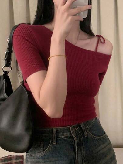 Solid Color Asymmetrical Short Sleeve Women's Summer Off-Shoulder Tie Bow Design Versatile Casual Knit Top