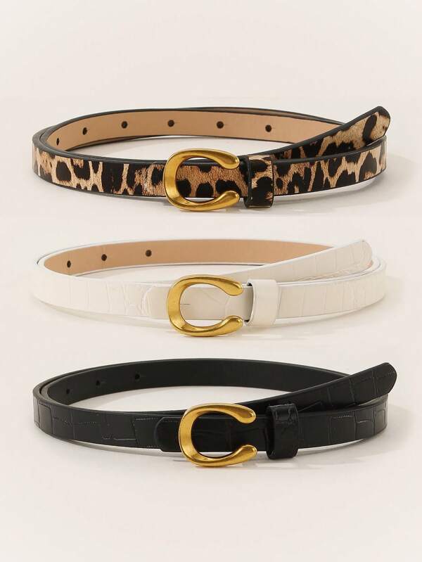 1pc/3pcs Set Leopard Print U-Shaped Metal Buckle Ladies Skinny Belts, Versatile For Casual, Business, Date, Party And All Season Wear Summer, School Fall, Autumn, Halloween