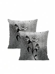 2Pcs Modern Art Throw Pillow Cover Silver Grey With Black Leaves And White Rose Pattern Pillow Cover Decor Square Sofa Living Room Bedroom Bed Sofa Chair Cushion Cover