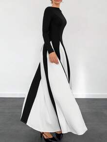 Women's Elegant Sexy Off-Shoulder Black And White Color Block Long Sleeve Dress - Black and White - View 3