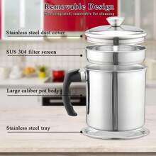 Bacon Grease Container With Strainer, 48 Oz Stainless Steel Oil Container, Pot Fat Storage With Lid, Easy Grip Handle Suitable For Storing Frying Oil And Cooking Grease