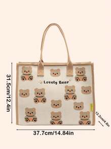 1pc Portable Canvas Mummy Bag, Versatile Large Capacity Mummy Diaper Bag, Cartoon Cute Bear Print Handbag, Casual Commuter Tote