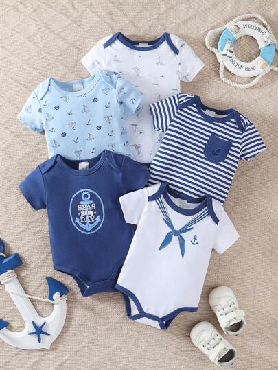 5pcs Baby Nautical Cartoon Anchor Print Bodysuit