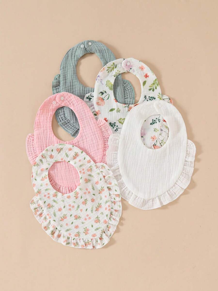 5 件套柔软舒适花卉图案婴儿围兜，带甜美荷叶边 - 彩色 - 查看 1
