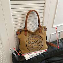 Retro Canvas Tote Bag, Women - Detachable Shoulder Strap, Zipper Closure, Polyester Lining, Graphic Print - Suitable For Gym, Work, Travel And College