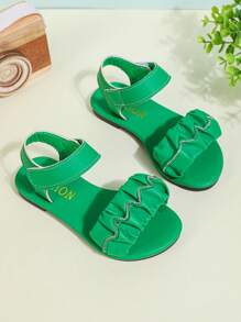 1 Pair Plus Size Green Baby/Toddler Girls Flat Sandals With PU Pleated Straps, Rhinestone Decor, Adjustable Strap Design, Round Toe For 3-16 Years Old Girls, Casual, Vacation, Daily Wear, Spring/Summer 2025