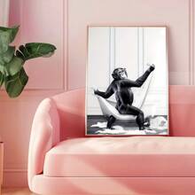 1pc, Canvas Hanging, Framed Decorative Painting, Poster, Wall Art, Monkey Taking Bath Canvas Art Print, Wall Hanging Decoration, Animal Themed Canvas Ink Artwork For Home Office, Bathroom, Living Room - Decorative Art, Modern Vintage Style, Black And White Cartoon Chimpanzee Poster Gifts Birthday Graduation