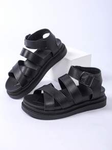 Women's Solid Color Platform Wedge Sandals, Casual Buckle Summer Sandals, Comfortable Open Toe Sandals, Women's Roman Flat Sandals, Solid Color Open Toe Criss-Cross Strappy Non-Slip Shoes - Black - View 7