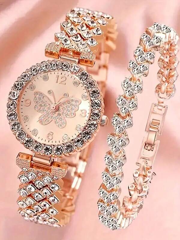 مجموعة بقطعتين ساعة كوارتز نسائية أنيقة وسوار متعدد الوظائف لامع مرصع بالراين - هدية مثالية لصديقتك، عيد الحب، التخرج، الأصدقاء، عيد ميلاد الأم، مناسب لجميع المناسبات، بطراز أنيق