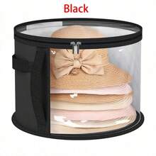 1 件超大可折叠帽子收纳盒，带加固手柄、透明窗口、双拉链和带子 - 轻便，适用于牛仔帽、太阳帽、沙滩帽、服装、玩具和日常通勤配饰 - 黑色 PVC，无印花，可水洗 - 彩色 - 查看 7