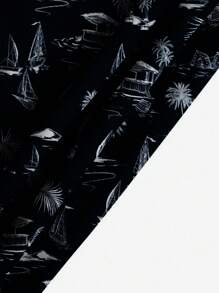 Men's Coconut & Sailboat Graphic Printed Swim Trunks, Casual Daily Beach Shorts, 3D Digital Printing, Drawstring Waist, Single Layer, No Lining, Hawaiian