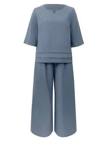 Women's Solid Color V-Neck Top And Pocket Pants Casual 2 Pieces Set - Blue - View 4