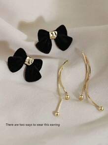 1 对简约优雅可爱柔软天鹅绒蝴蝶结流苏可拆卸佩戴双向耳环，适合女性日常和节日佩戴 - 黑色 - 查看 6