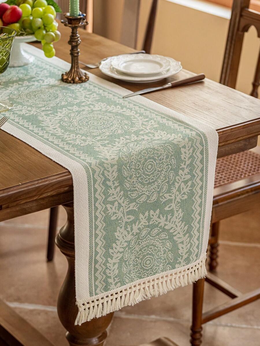 1pc Handwoven Tassel Decor Table Runner, Water-Repellent & Stain-Resistant, Modern Minimalist Style, Elevates Dining Table Artistry For Family Gatherings Or Holiday Celebrations - Garland Green - View 1