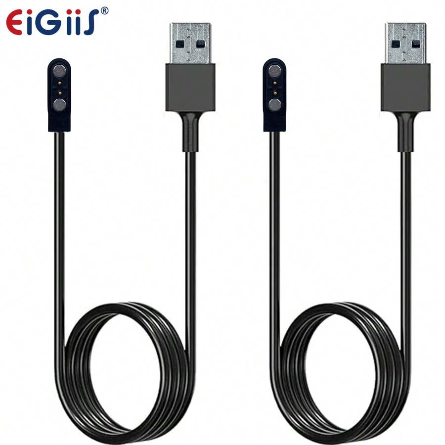 智能手表充电器 2 针磁性充电线快速 USB 充电器线兼容 EIGIIS 智能手表 KE3、KE5、EW5、S320B（2 件装，黑色&黑色）