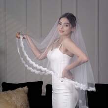 1 件优雅蕾丝边双层新娘面纱带梳子、婚礼摄影配件、面罩 - 彩色 - 查看 1