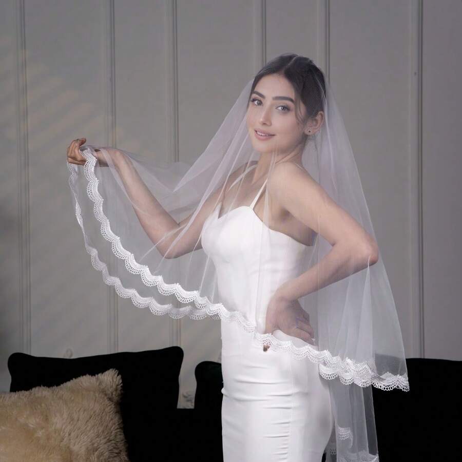 1 件优雅蕾丝边双层新娘面纱带梳子、婚礼摄影配件、面罩 - 彩色 - 查看 1