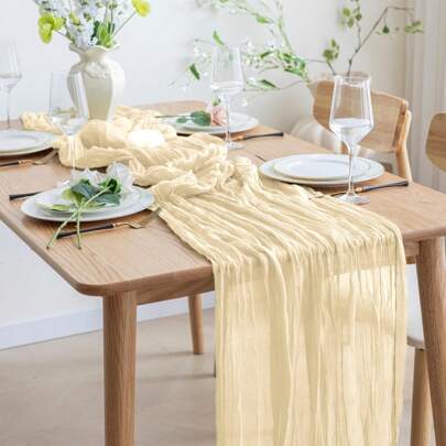 1pc Beige Cheese Cloth Table Runner, Boho Sheer Chiffon Table Runner, Suitable For Wedding Bride Birthday Party Gathering Dining Table Decor