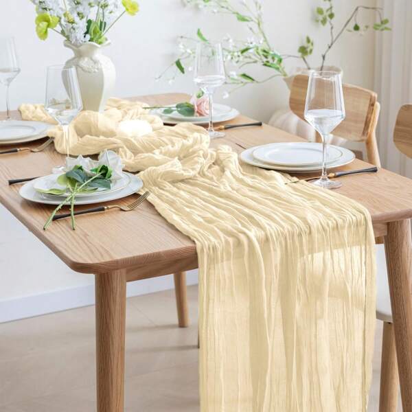 1pc Cream Cheese Cloth Tablemat, Bohemian Gauze Tablecloth, Sheer Transparent Table Runner, Suitable For Baby Shower, Wedding, Bride, Birthday Party, Dining Table Decoration