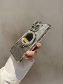 Estuche para iPhone con brillo y purpurina, soporte, soporte magnético y espejo, marco de cámara con rhinestones, cubierta protectora a prueba de golpes, delgado y liviano, estilo Y2K/estético, regalo para niñas, adolescentes y estudiantes