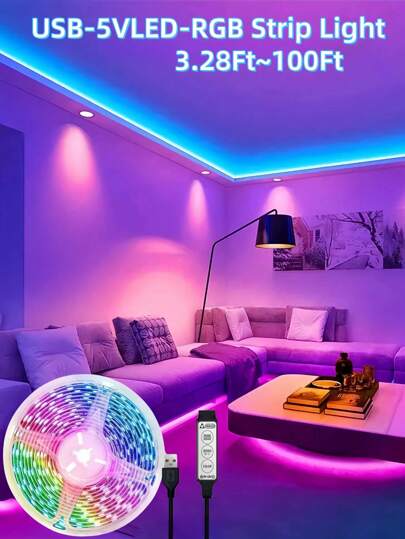 1 Roll Of LED Lights, Suitable For Home Decor, Party Decoration, Bedroom Use, RGB, Available In 100ft/65ft/50ft/32.8ft/16.4ft, Recommended For 1m To 5m, No Remote Control, Button On The Data Cable, Great For Festival, Living Room, Bedroom Gifts Birthday Graduation