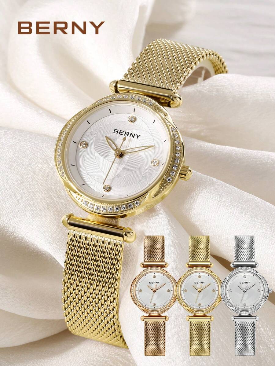 BERNY Reloj de mujer con movimiento japonés de acero inoxidable, cristal de zafiro, esfera minimalista con diamantes, resistente al agua 30M, accesorio elegante de uso diario