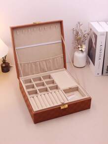 1pc High-End Luxury Chessboard Pattern Leather Texture Dual Layer Jewelry Box, Multi-Functional Jewelry Storage Box For Necklaces, Rings, Earrings, Bracelets, Daily Jewelry Storage