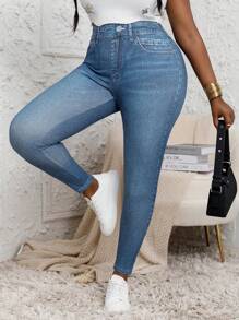 Plus Size Women Jegging Leggings, Full Body Denim Effect High Stretch Casual Comfortable Yoga Pants - Blue - View 1