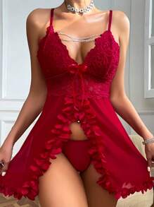 2 件夏季性感睡衣内衣性感蕾丝透视裙诱惑连体衣睡衣家居服裆蕾丝丁字裤两件套 - 紅色 - 查看 1