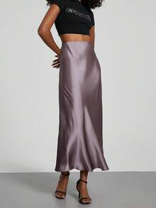 Se-Helo Fashion Dam Elastisk Satinkjol Satin Maxi - Grå Lila Casual Vår - Grå lila - Visa 4