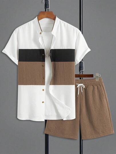 男士休闲时尚套装，短袖纽扣衬衫搭配纯色抽绳短裤，两件套服装，舒适服装