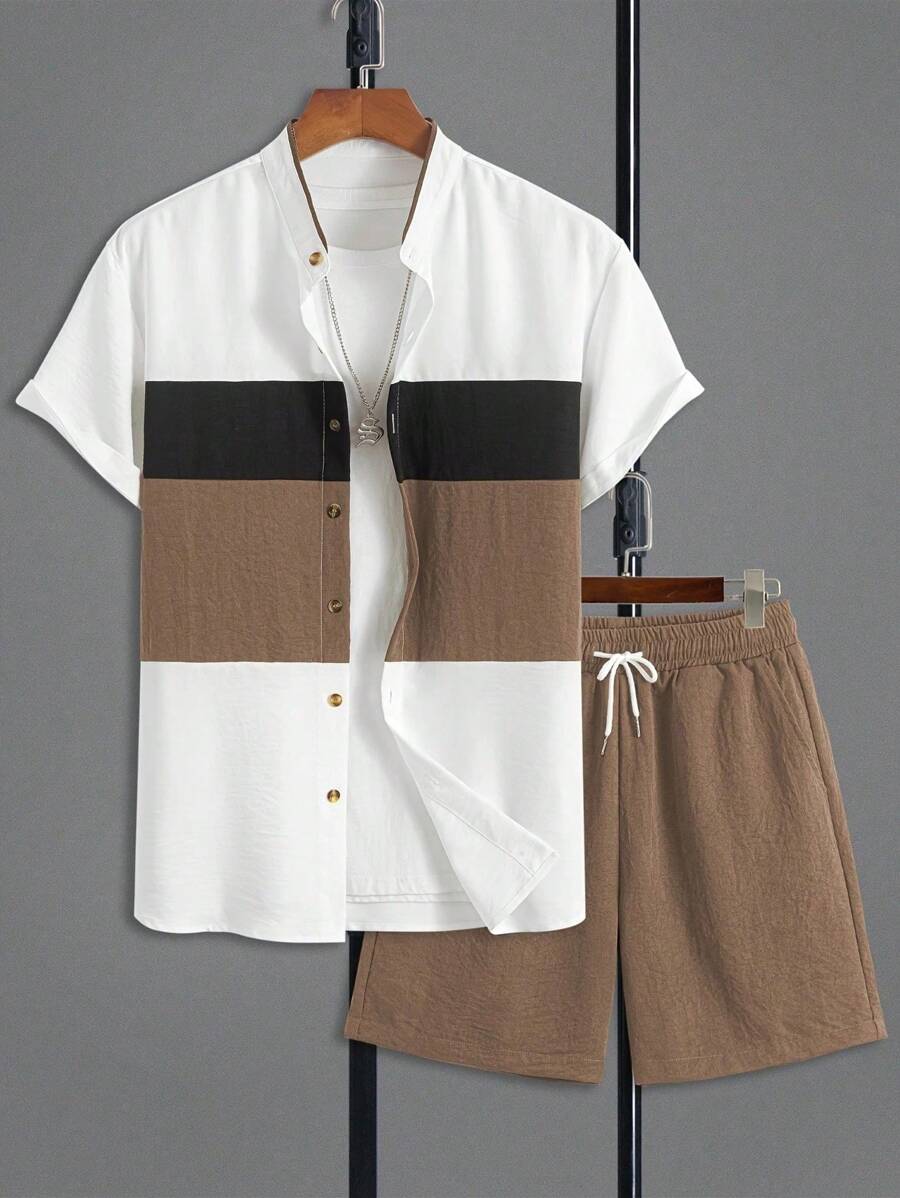 男士休闲时尚套装，短袖开衫搭配抽绳短裤，两件套，纯色撞色拼接设计，宽松版型衬衫和短裤 - 卡其色 - 查看 1