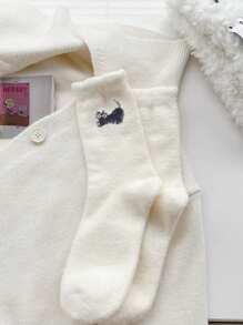 1 Pair Cute Cat Pattern Mid-Calf Socks, Suitable For Spring And Autumn