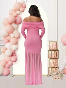 Maternity Long Sleeve Off Shoulder Dress Solid Color Mesh Paneled Split Hem Gown For Baby Shower Photoshoot Party
