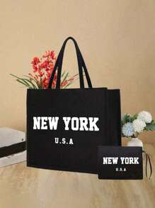 "NEW YORK" Lettering Printing Tote Bag And A Printed Small Bag,Personalized Gift Package,Linen Black Tote Bag With Black Buckle, Black Handbag, Shoulder Bag, Commuting Bag,Combination Of Small And Large Bags, Suitable For Weddings, Birthdays, Beaches, Holidays, Making It The Perfect Gift For Women, Mothers, Teachers, Friends, Bridesmaids, Big Bags, Students, And Returning To School,Christmas, Thanksgiving, And New Year Gifts