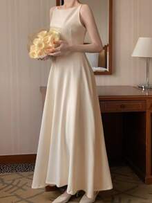 优雅细肩带香槟色婚礼宾客礼服春夏演唱会简约朴素晚会鸡尾酒会 - 杏色 - 查看 2