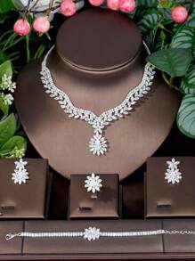 1 套时尚公主首饰套装，植物装饰，方晶锆石镶嵌，适合新娘、婚礼、派对礼服、节日、多功能女士首饰 - 銀色 - 查看 2