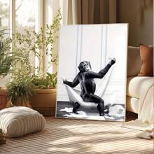 1pc, Canvas Hanging, Framed Decorative Painting, Poster, Wall Art, Monkey Taking Bath Canvas Art Print, Wall Hanging Decoration, Animal Themed Canvas Ink Artwork For Home Office, Bathroom, Living Room - Decorative Art, Modern Vintage Style, Black And White Cartoon Chimpanzee Poster Gifts Birthday Graduation