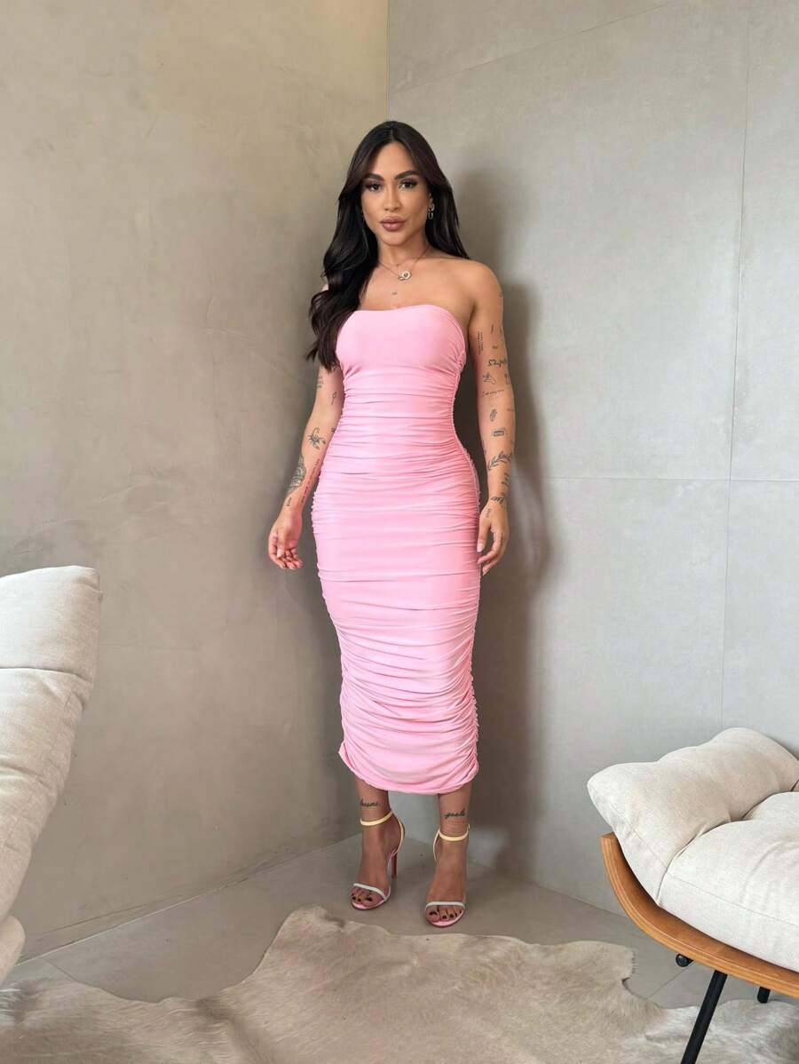 Baby Pink Strapless Midi Dress With Suplex Cup, Ruched Sides, Wrinkled, Strapless, Elegant, Sensual, Tight Fit - Baby Pink - View 1