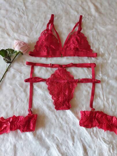 LARISSA LENCERIA, Conjunto sexy de encaje para mujer, ropa interior sexy para mujer, conjunto con liguero y ligas para las piernas, tanga con liguero, conjunto con bralette, encaje sexy, conjunto de 4 piezas separadas, lenceria sexy, lenceria unitalla, Coordinado M-37