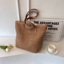 1 pieza Bolso de hombro con cierre de gran capacidad, estilo casual de vacaciones, transpirable, tejido en beige, adecuado para señoras en primavera/verano, para artículos de playa, teléfono de viaje, billetera, lápiz labial, llaves, pañuelos, bolsas de almacenamiento