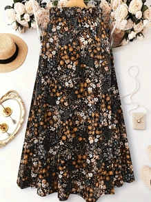 MakeMeChic Plus Size Women Floral Print High Waist Pleated A-Line Maxi Skirt
