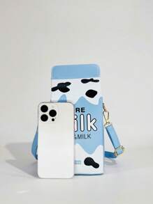 حقيبة كروس بودي بشكل علبة الحليب مزينة برسومات الأبقار وأحرف، مع حزام قابل للفصل وإغلاق بسحاب، حقيبة كروس بودي مناسبة للتنقل اليومي والسفر، حقيبة مربعة بنمط الفراولة